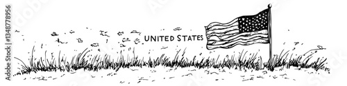 american flag waving with united states text vector sketch illustration in ink doodle style hand drawing for engraving