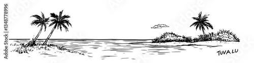 tropical beach with palm trees and island horizon drawn in detailed ink sketch style