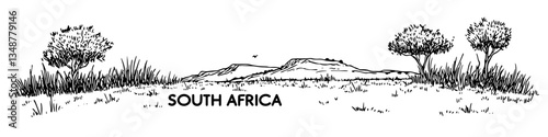 south africa savanna landscape with trees vector sketch illustration in ink doodle style hand drawing for engraving