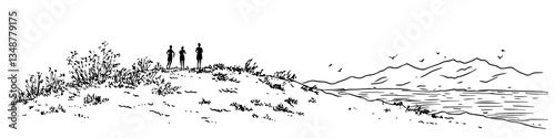 people standing on hill with mountain lake view vector sketch illustration in ink doodle style hand drawing for engraving
