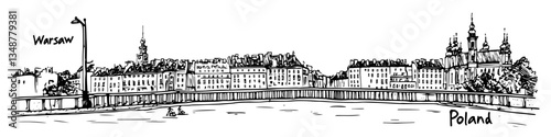 warsaw skyline with vistula river and old town vector sketch illustration in ink doodle style hand drawing for engraving