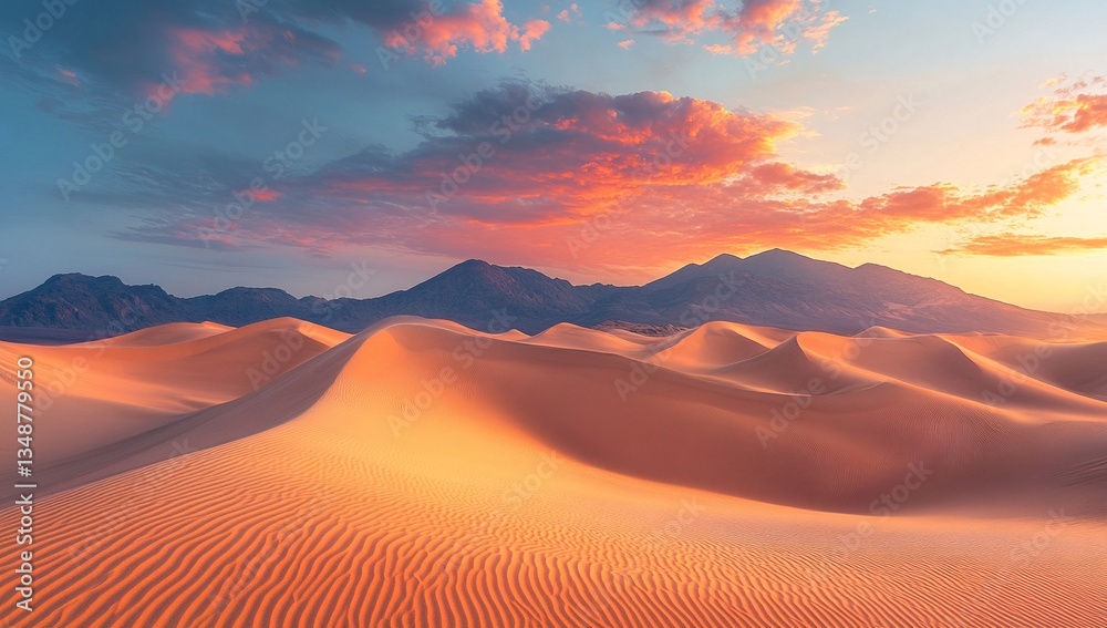 Naklejka premium Sunset casts a warm glow over rolling sand dunes and silhouetted mountains. A breathtaking desert landscape.