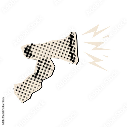 A hand holds a loudspeaker collage element in halftone effect pop art 