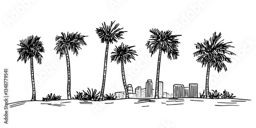 miami cityscape with palm trees vector sketch illustration in ink doodle style hand drawing for engraving