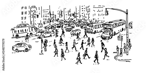 urban street with pedestrians and traffic vector sketch illustration in ink doodle style hand drawing for engraving