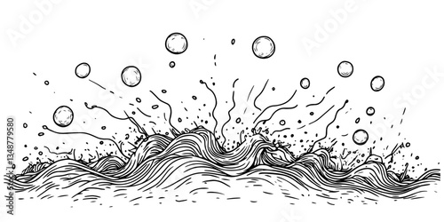 splashing water waves with bubbles vector sketch illustration in ink doodle style hand drawing for engraving