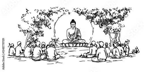 people sitting by great buddha statue vector sketch illustration in ink doodle style hand drawing for engraving