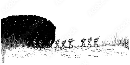 soldiers marching in formation vector sketch illustration in ink doodle style hand drawing for engraving