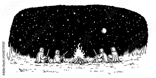 knights sitting by campfire at night vector sketch illustration in ink doodle style hand drawing for engraving