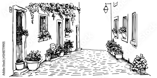 charming narrow street with plants hand drawn ink sketch, vector engraving monochrome doodle