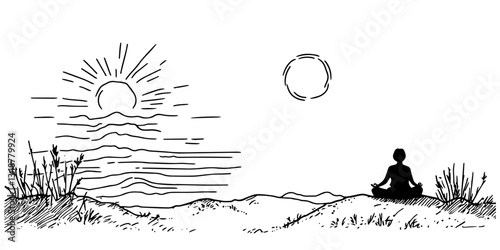 meditation in nature landscape doodle sketch vector illustration