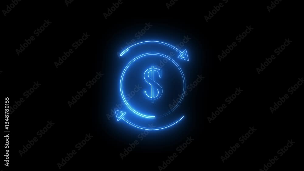Blue color A glowing neon dollar sign in the center of a circular with black background..