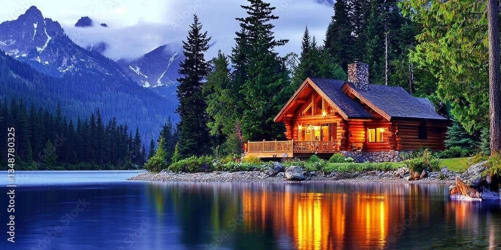 Fototapeta premium Cozy wood cabin situated by a tranquil lake.