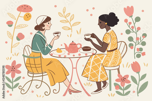 38 Colorful illustration, three women having tea, whimsical style, pastel colors, floral patterns, teacups and sweets, vintage-inspired furniture, hand-drawn aesthetic, feminine gathering, casual soci