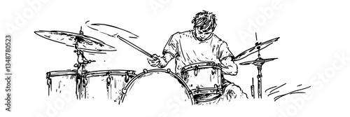 hand-drawn drummer playing a drum set with energy