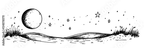 moon landscape night sky celestial vector sketch doodle engraving
