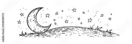 crescent moon stars night sky vector sketch doodle engraving