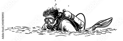 scuba diver underwater exploration ocean vector sketch doodle engraving