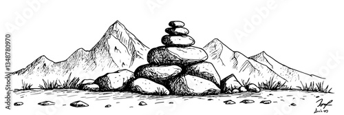 Photography stone cairn mountain landscape nature vector sketch doodle engraving