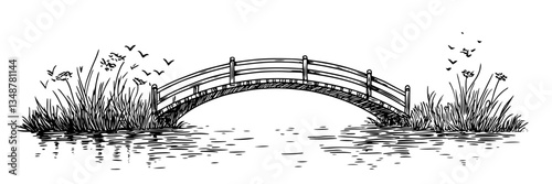 wooden bridge river nature landscape vector sketch doodle engraving