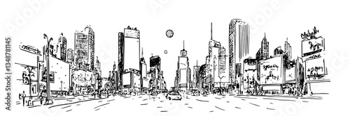 busy city street skyline urban metropolis vector sketch doodle engraving
