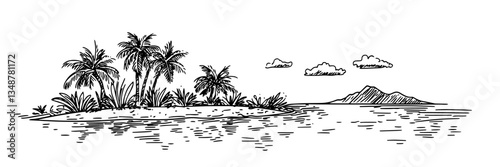 tropical island palm trees ocean vector sketch doodle engraving