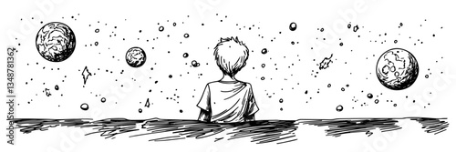 boy looking at space with planets vector doodle sketch engraving