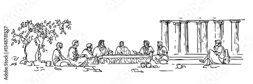 ancient philosophers discussing outdoors vector doodle sketch engraving