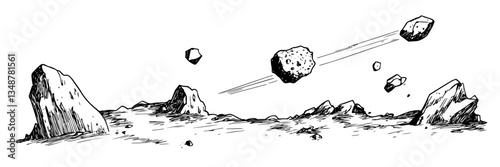 asteroids flying over rocky space landscape vector doodle sketch engraving