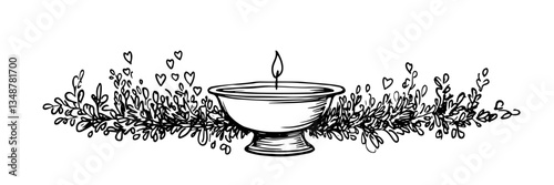candle in bowl with leaves vector doodle sketch engraving