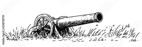 vintage cannon on grass field vector doodle sketch engraving