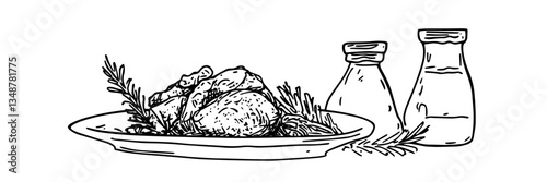 roasted chicken with herbs on plate vector doodle sketch engraving
