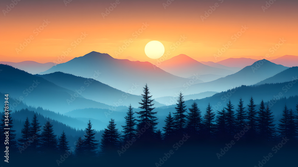 Obraz premium Sunset over a mountain range with a forest in the foreground