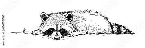 resting raccoon lying down vector doodle sketch engraving