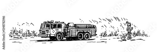 fire truck on rural road vector doodle sketch engraving