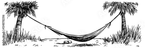 hammock between palm trees on beach vector doodle sketch engraving