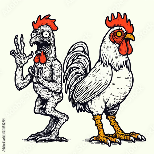 Rooster's Revelation: A surreal illustration portrays a startled humanoid figure morphing from a majestic rooster, blending whimsy with poultry. 