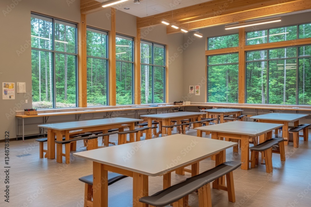 A bright, airy classroom with large windows overlooking a forest.  Multiple work tables and benches provide ample workspace for students.