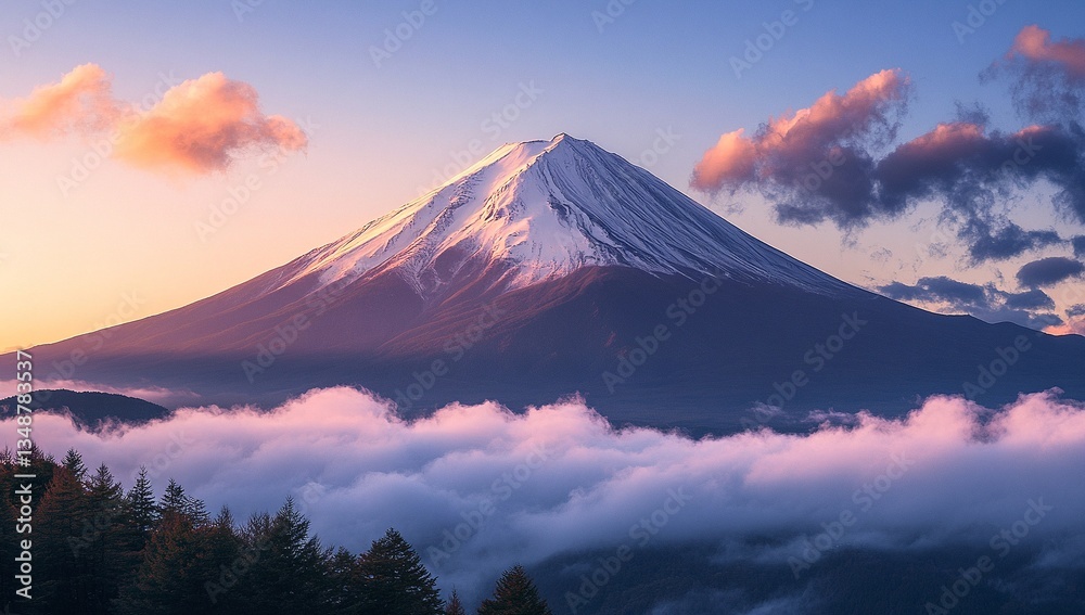Fototapeta premium Majestic snow-capped mountain peak at sunrise, casting a soft pink glow over the clouds below.