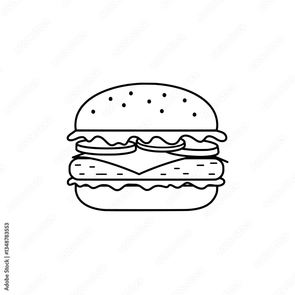 Classic Burger Sketch: A minimalist, line-art illustration of a classic hamburger, showcasing its layers of ingredients with a simple, yet elegant design. Classic Burger Sketch: A minimalist, line-art illustration of a classic hamburger, showcasing its layers of ingredients with a simple, yet elegant design.