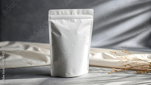 White Matte Stand-up Pouch on Elegant Fabric Background  Blank Packaging Mockup