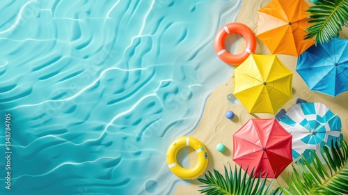 Summer Vacation Vibes with Colorful Beach Umbrellas and Loungers