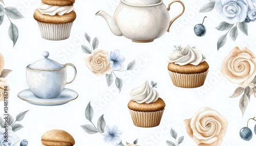 Seamless cozy tea-time food pattern with teapots, cupcakes, scones, and delicate floral china sets