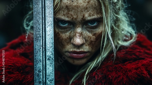 Close-up of fierce female warrior with sword.