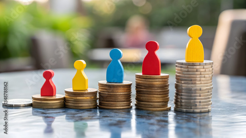 Income Inequality Concept with Wooden Figures on Stacked Coins