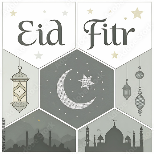 Eid al Fitr mubarak background and Eid Mubarak Ramadan Banner Design with crescent moon, mosque and lanterns and colorful elements.