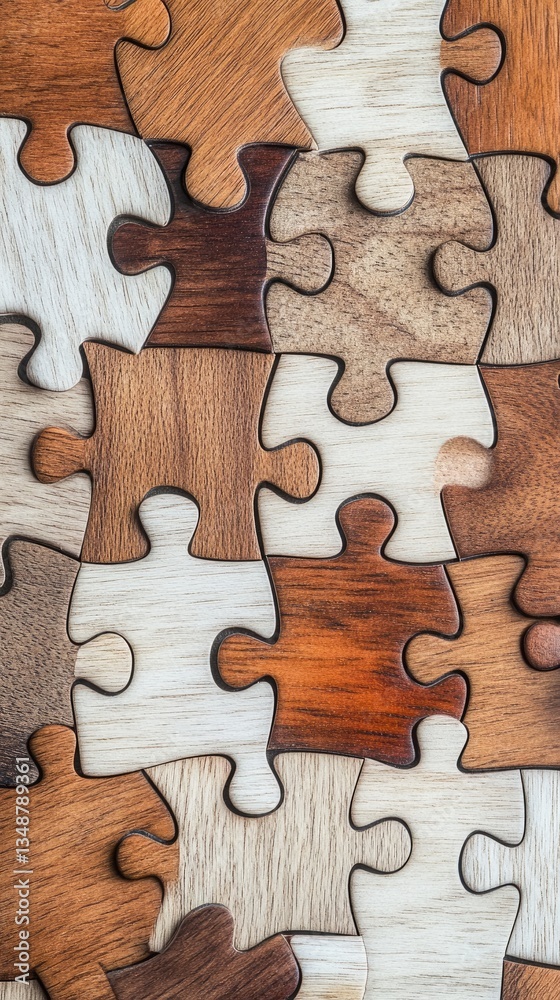 Close-up of a completed wooden puzzle; diverse tones of wood; background is a full, intact puzzle Close-up of a completed wooden puzzle; diverse tones of wood; background is a full, intact puzzle