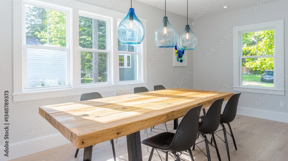 Fototapeta premium A modern dining room featuring a rustic wooden table, stylish black chairs, and elegant pendant lights illuminating the bright space.