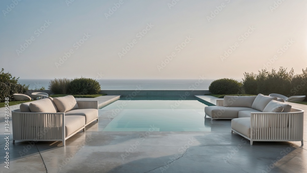 Fototapeta premium Modern outdoor seating area with pool and ocean view 