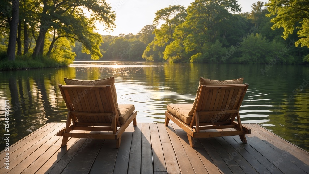 Serene wooden loungers facing calm waters at sunset Serene wooden loungers facing calm waters at sunset
